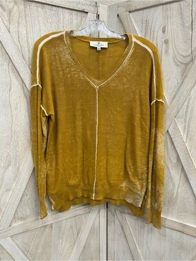 Laurie Felt Mustard V-Neck Sweater with Cream Stitching